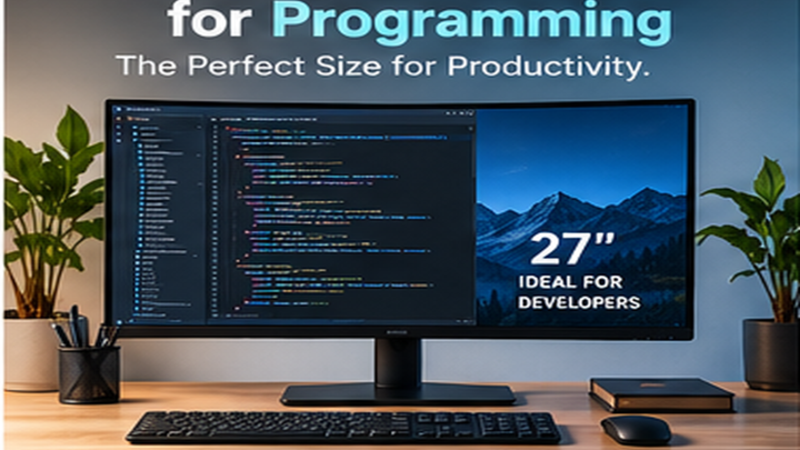 Best 27-Inch Monitor for Programming — first side of a coding monitor workspace showing clear screens and desk accessories