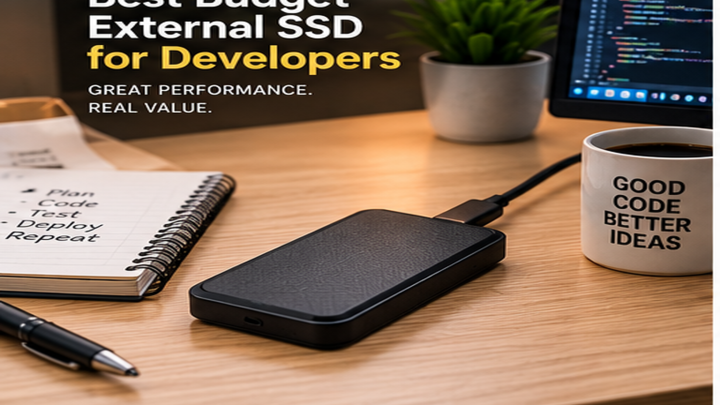 Best Budget External SSD for Developers shown on a developer coding workstation