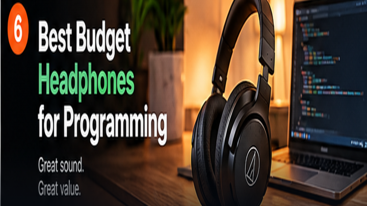 best budget headphones for programming displayed beside a modern code editor and developer desk