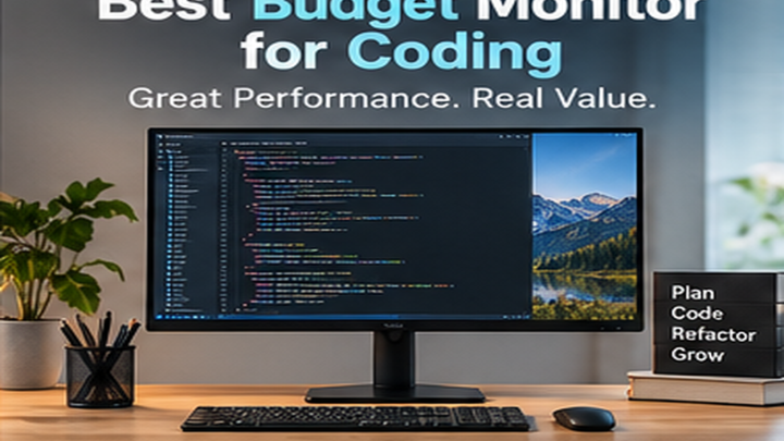 Best Budget Monitor for Coding — first side of a coding monitor workspace showing clear screens and desk accessories