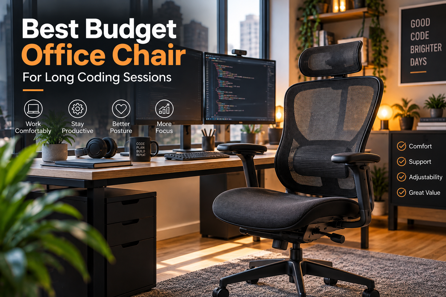 Budget ergonomic office chair in a dual-monitor developer workspace for long coding sessions