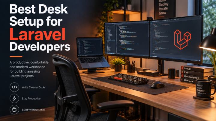 Best Desk Setup for Laravel Developers showing an organized coding workspace with monitor, keyboard, desk and ergonomic seating