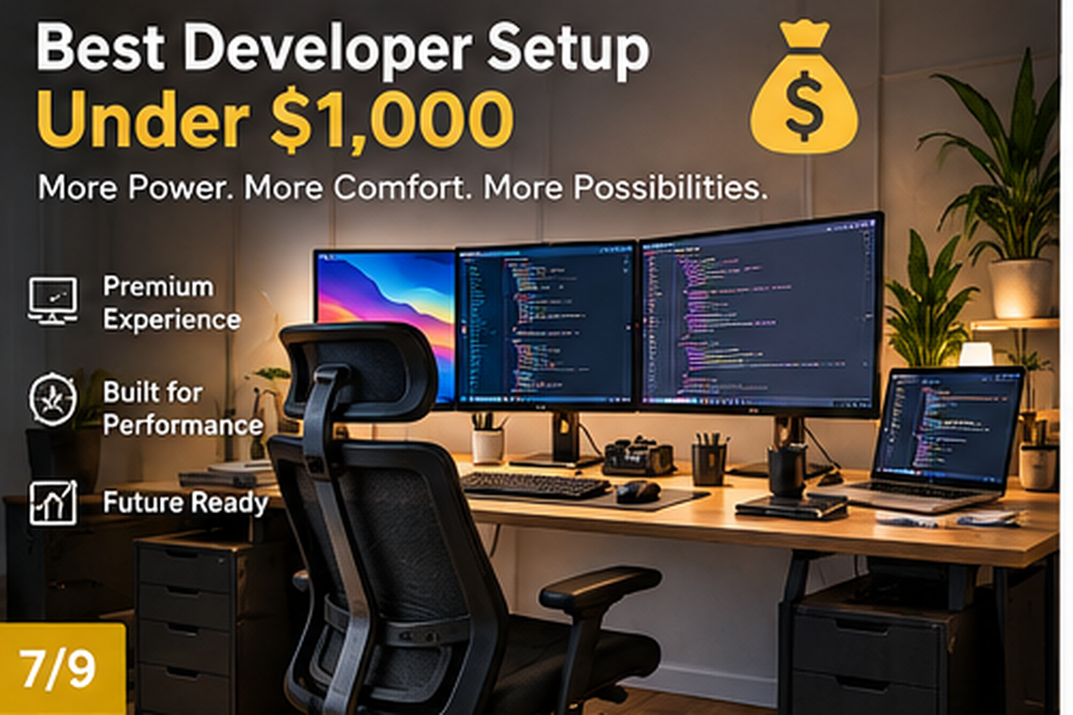 Best Developer Setup Under $1,000 showing an organized coding workspace with monitor, keyboard, desk and ergonomic seating