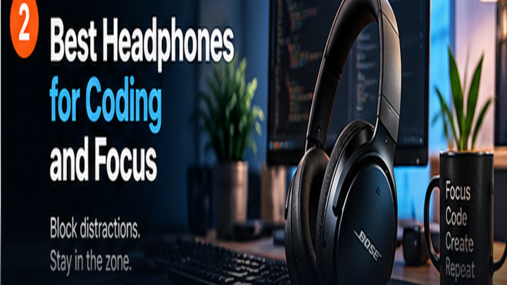 best headphones for coding and focus displayed beside a modern code editor and developer desk