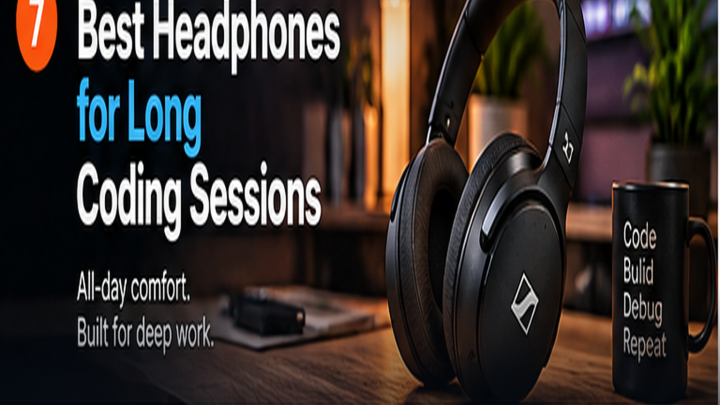 best headphones for long coding sessions displayed beside a modern code editor and developer desk