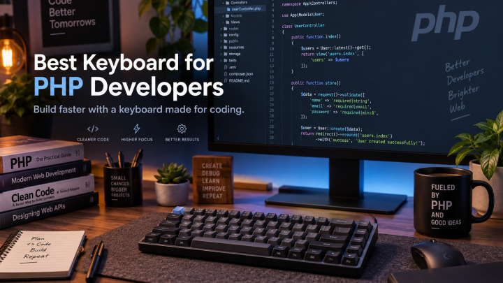 Keyboard for PHP developers on a coding desk with editor and terminal workflow