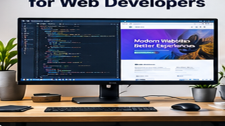 Best Monitor for Web Developers — first side of a coding monitor workspace showing clear screens and desk accessories