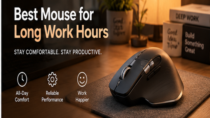 Best Mouse for Long Work Hours featured in a modern programming workspace with monitor and keyboard
