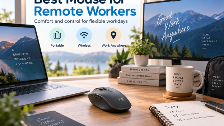 Wireless mouse on a clean remote work desk with laptop and monitor