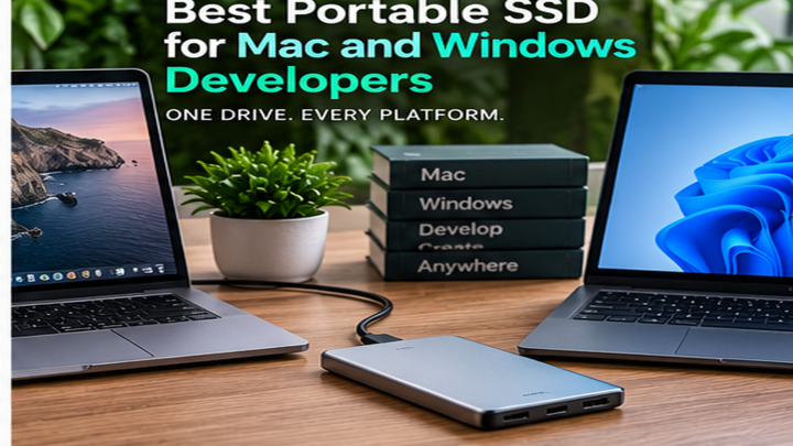 Best Portable SSD for Mac and Windows Developers shown on a developer coding workstation