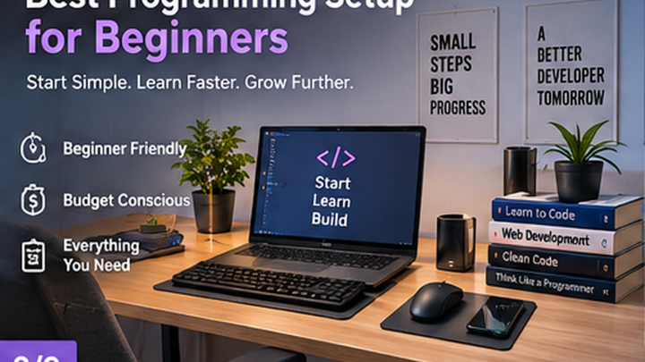 Best Programming Setup for Beginners showing an organized coding workspace with monitor, keyboard, desk and ergonomic seating