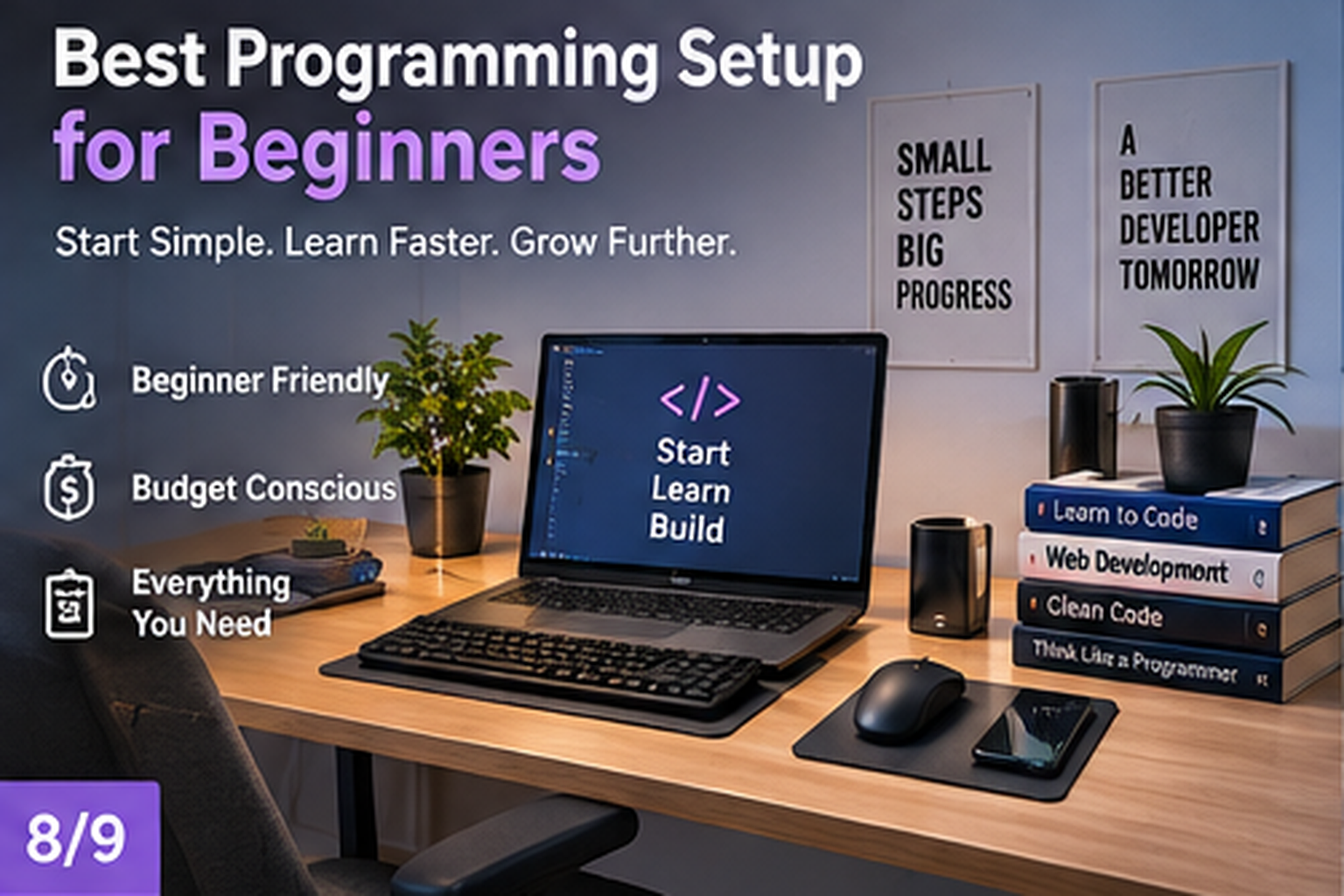 Best Programming Setup for Beginners showing an organized coding workspace with monitor, keyboard, desk and ergonomic seating