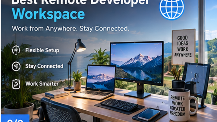 Best Remote Developer Workspace showing an organized coding workspace with monitor, keyboard, desk and ergonomic seating