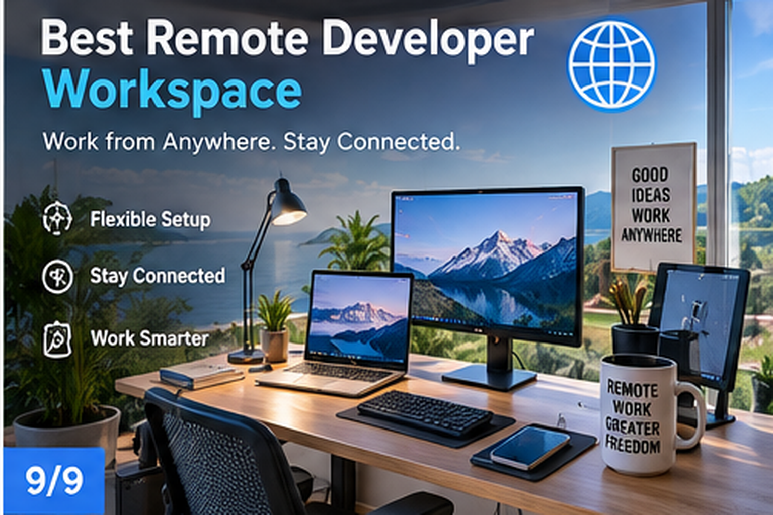 Best Remote Developer Workspace showing an organized coding workspace with monitor, keyboard, desk and ergonomic seating