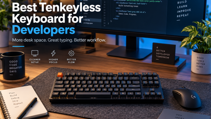 Tenkeyless mechanical keyboard for developers on a clean coding desk setup