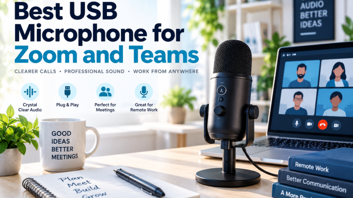 Best USB Microphone for Zoom and Teams illustrated with desktop microphone and laptop workspace