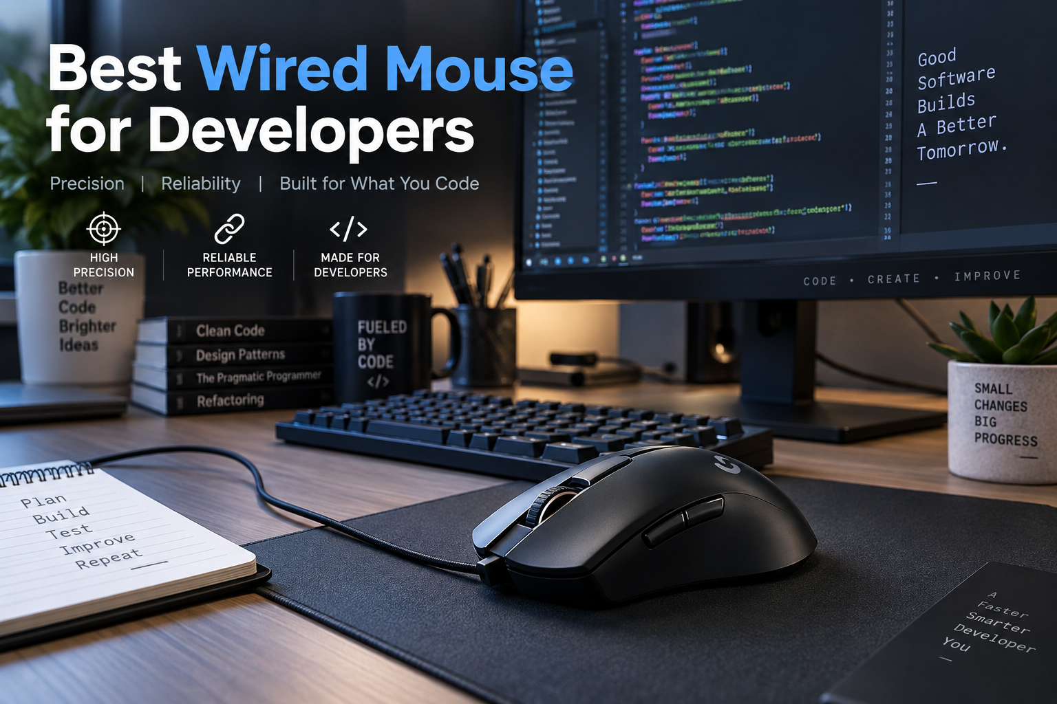 Wired mouse for developers on a programming desk setup