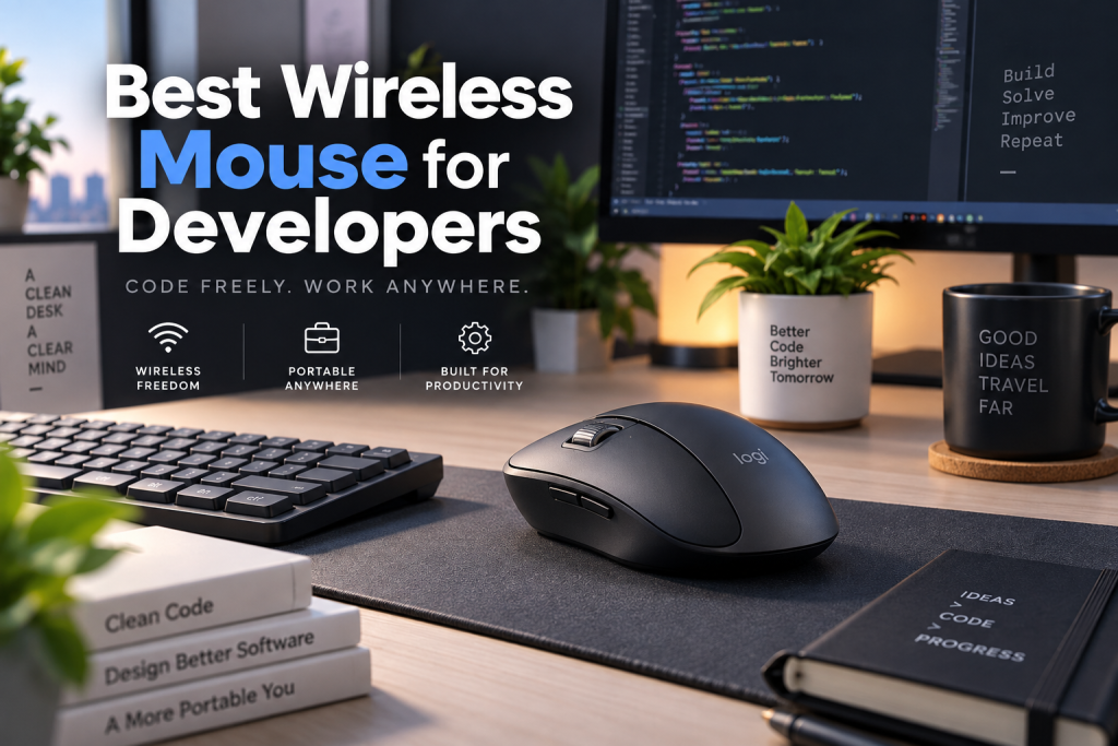 Wireless mouse for developers on a clean coding workspace