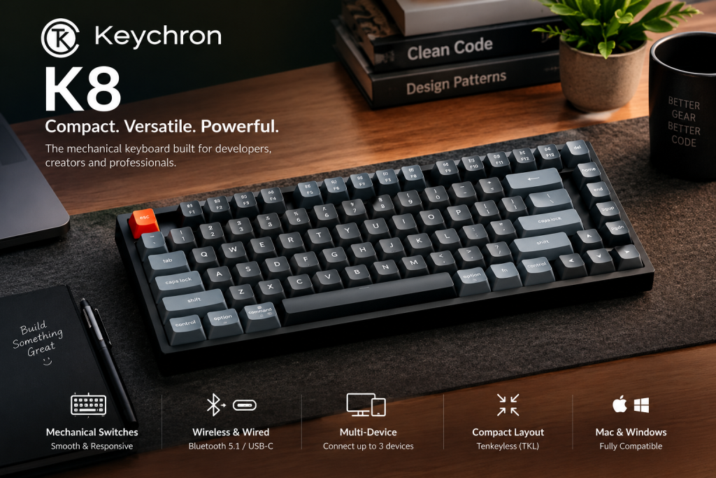 Keychron K8 mechanical keyboard highlighting layout, size, features, and usability