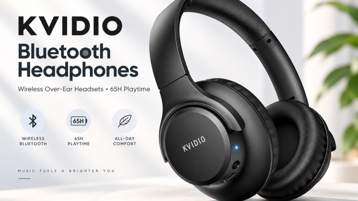 KVIDIO Bluetooth wireless over-ear headphones with 65-hour playtime