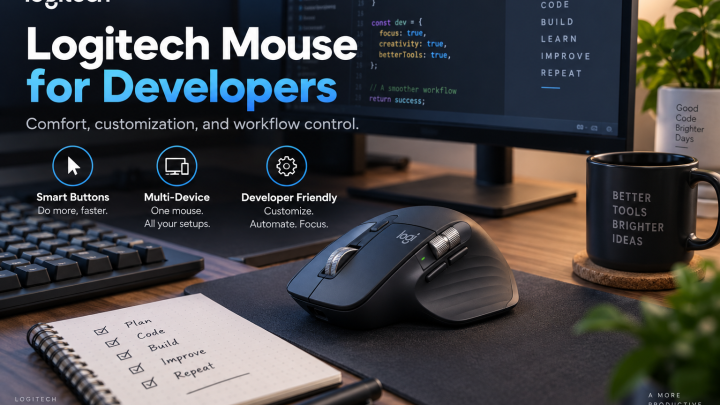 Logitech productivity mouse in a developer workspace with code on screen
