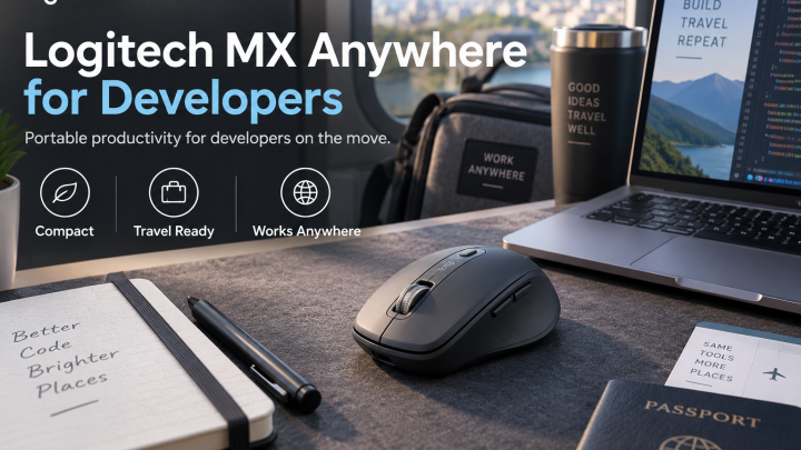 Logitech MX Master mouse in a desktop developer workspace with code on monitor