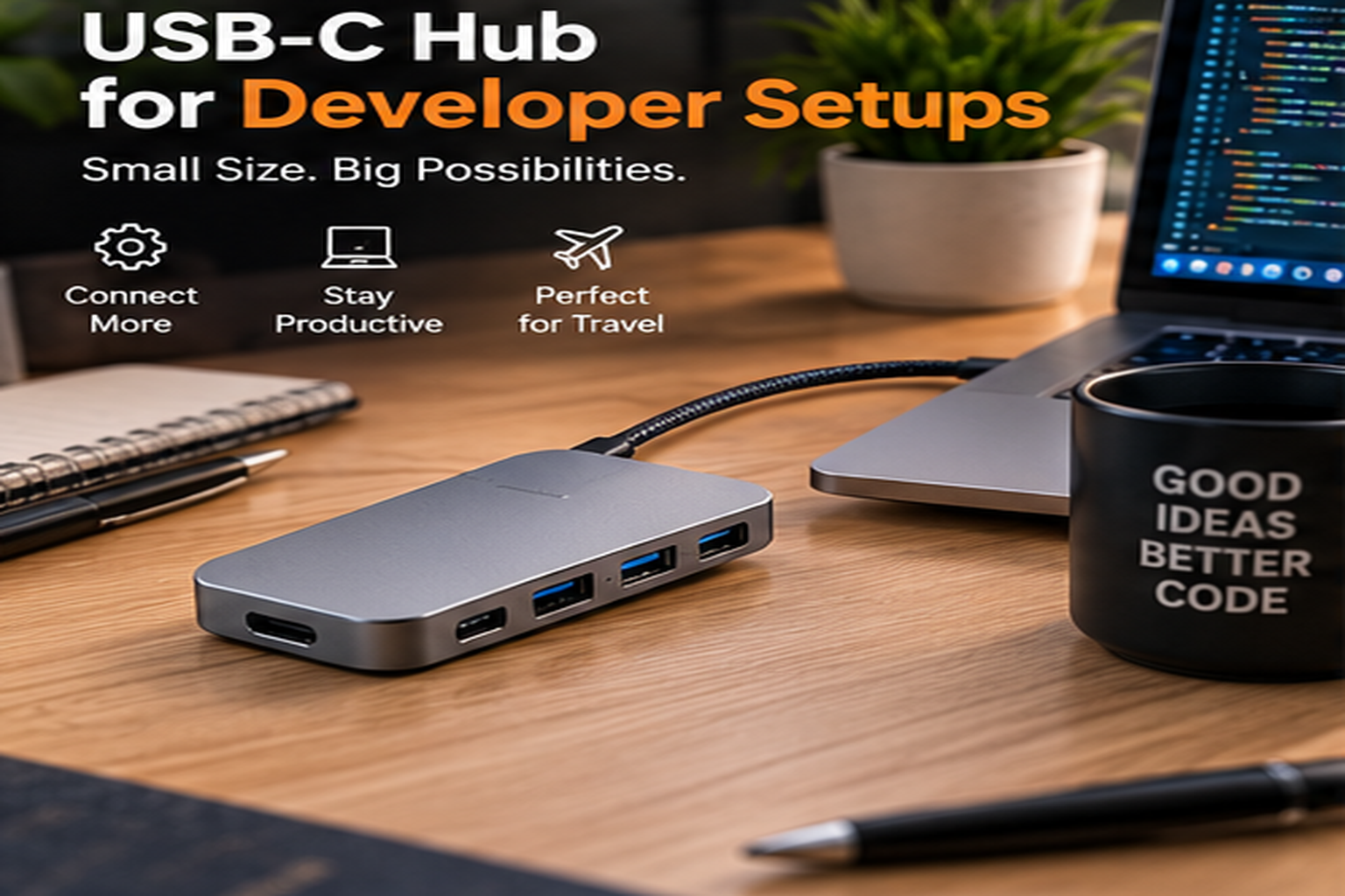 Compact USB-C hub connected to a coding laptop on a clean workspace